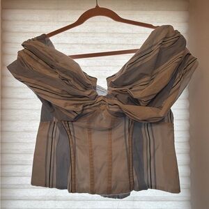 White House Black Market Blue and Beige Off-Shoulder Striped Top